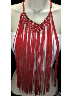 Boho Festival Fringe Red Macrame Statement Bib Necklace Gold Tone Beads